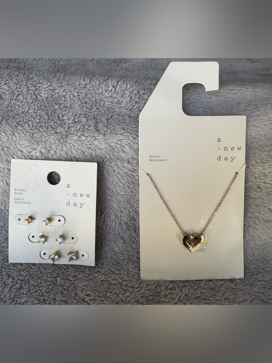 a new day Jewelry - Lot of 4 A New Day Gold Toned Jewelry Heart Charm Short Necklace & Trio Studs